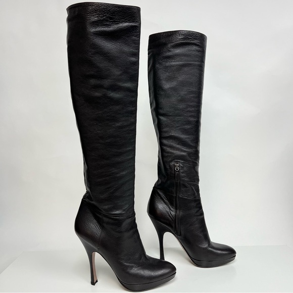 Prada Shoes - Prada Dark Brown Heeled Knee High Tall Boots Leather Size EU 41